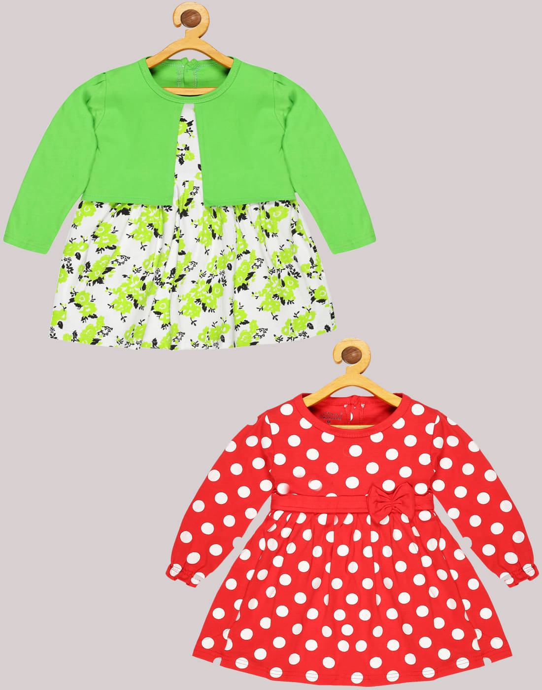     			Babeezworld - Green & Red Cotton Girls Frock ( Pack of 2 )