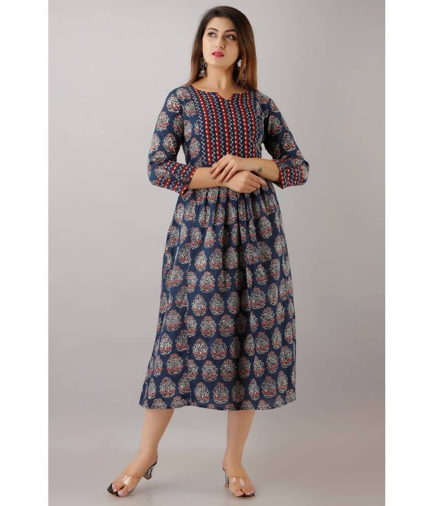 FabbibaPrints Women Rayon Printed Ethnic Dress ( Blue )