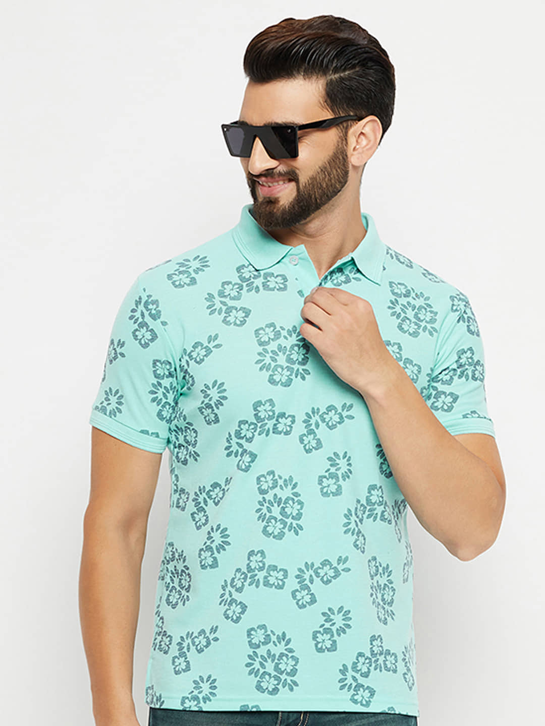 GET GOLF Pack of 1 Cotton Blend Regular Fit Printed Half Sleeves Men's Polo T Shirt ( Aqua )