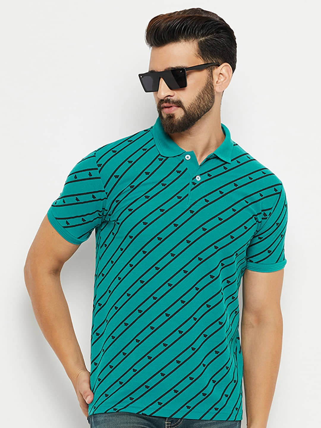 GET GOLF Pack of 1 Cotton Blend Regular Fit Striped Half Sleeves Men's Polo T Shirt ( Green )