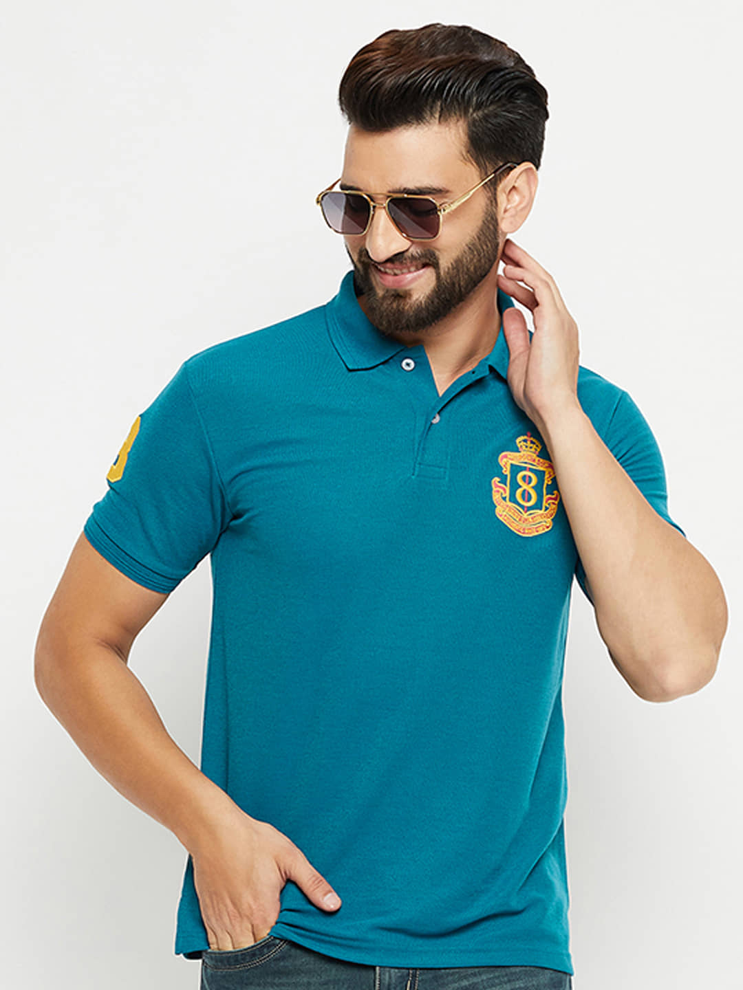 GET GOLF Pack of 1 Cotton Blend Regular Fit Solid Half Sleeves Men's Polo T Shirt ( Teal Blue )