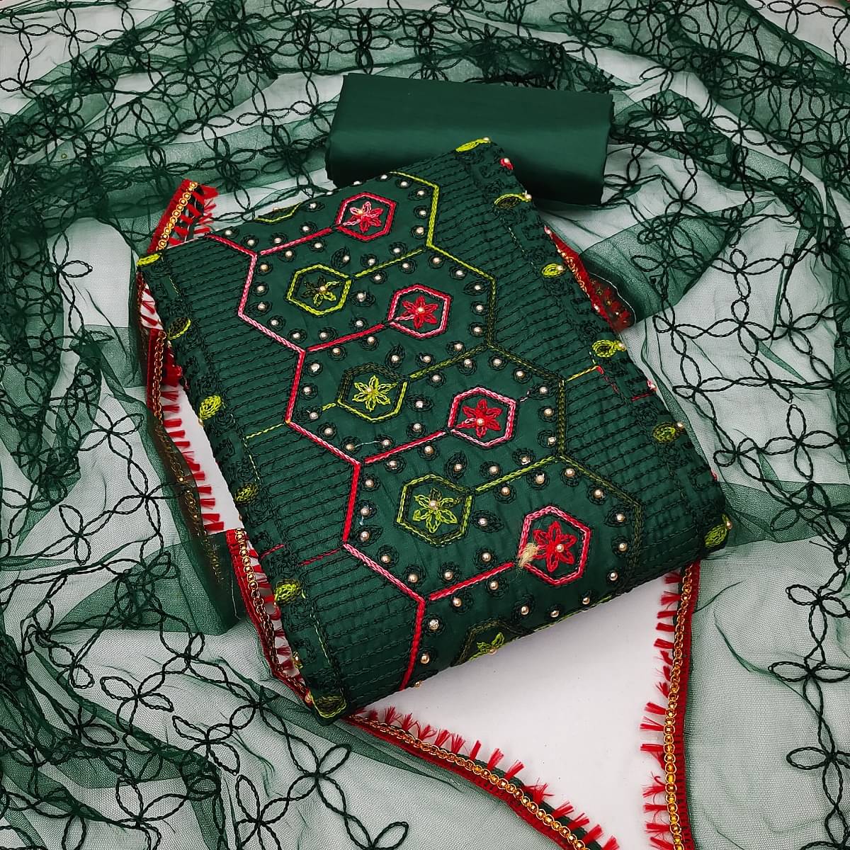 Gazal Fashions - Unstitched Green Cotton Blend Dress Material ( Pack of 1 )     			Gazal Fashions - Unstitched Green Cotton Blend Dress Material ( Pack of 1 )