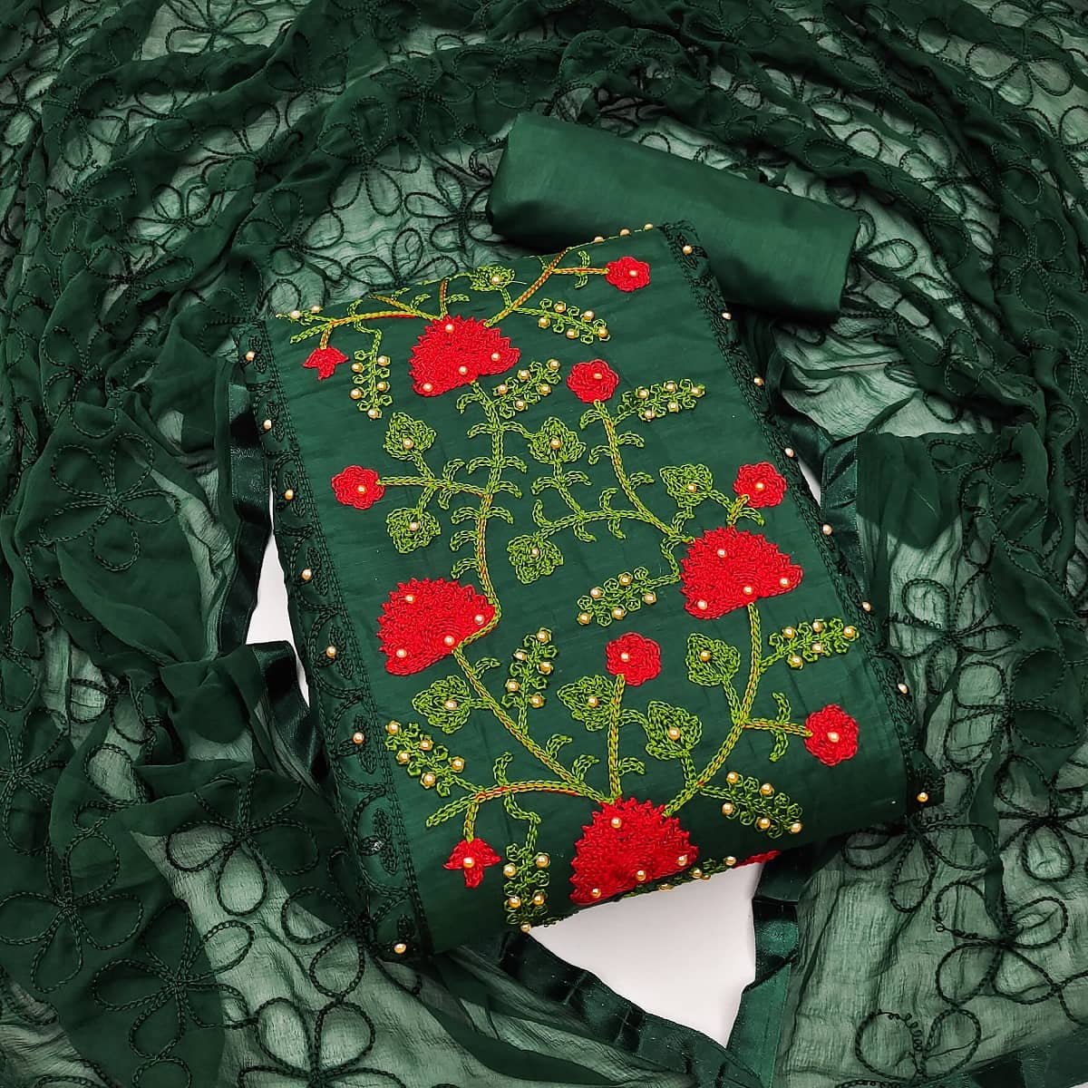 Gazal Fashions - Unstitched Green Cotton Blend Dress Material ( Pack of 1 ) - Unstitched Fabrics | Buy online on ZillyBuy