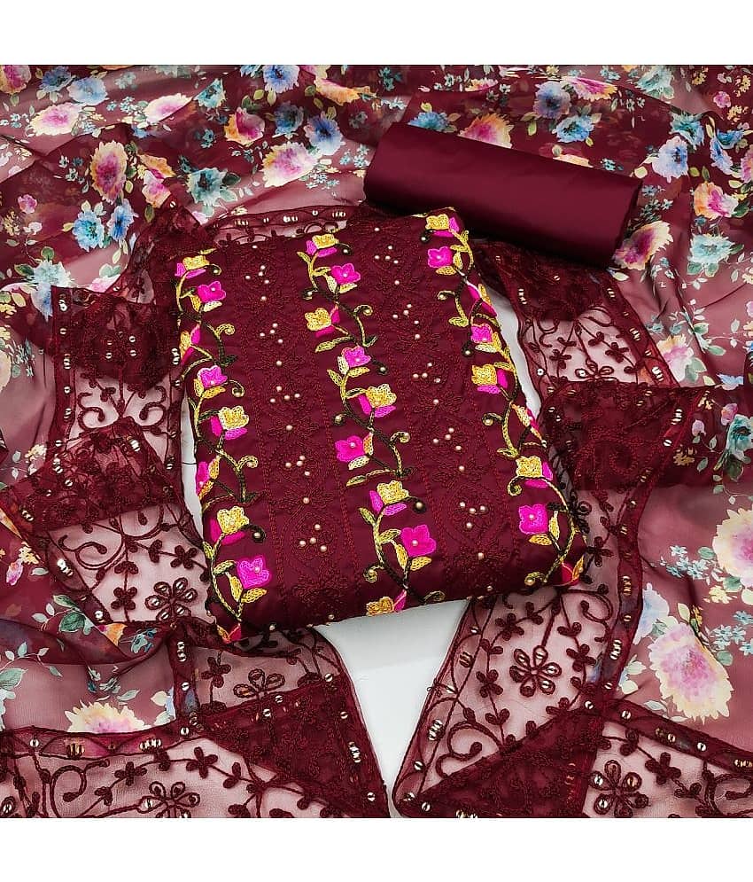 Gazal Fashions - Unstitched Maroon Cotton Blend Dress Material ( Pack of 1 ) - Unstitched Fabrics | Buy online on ZillyBuy