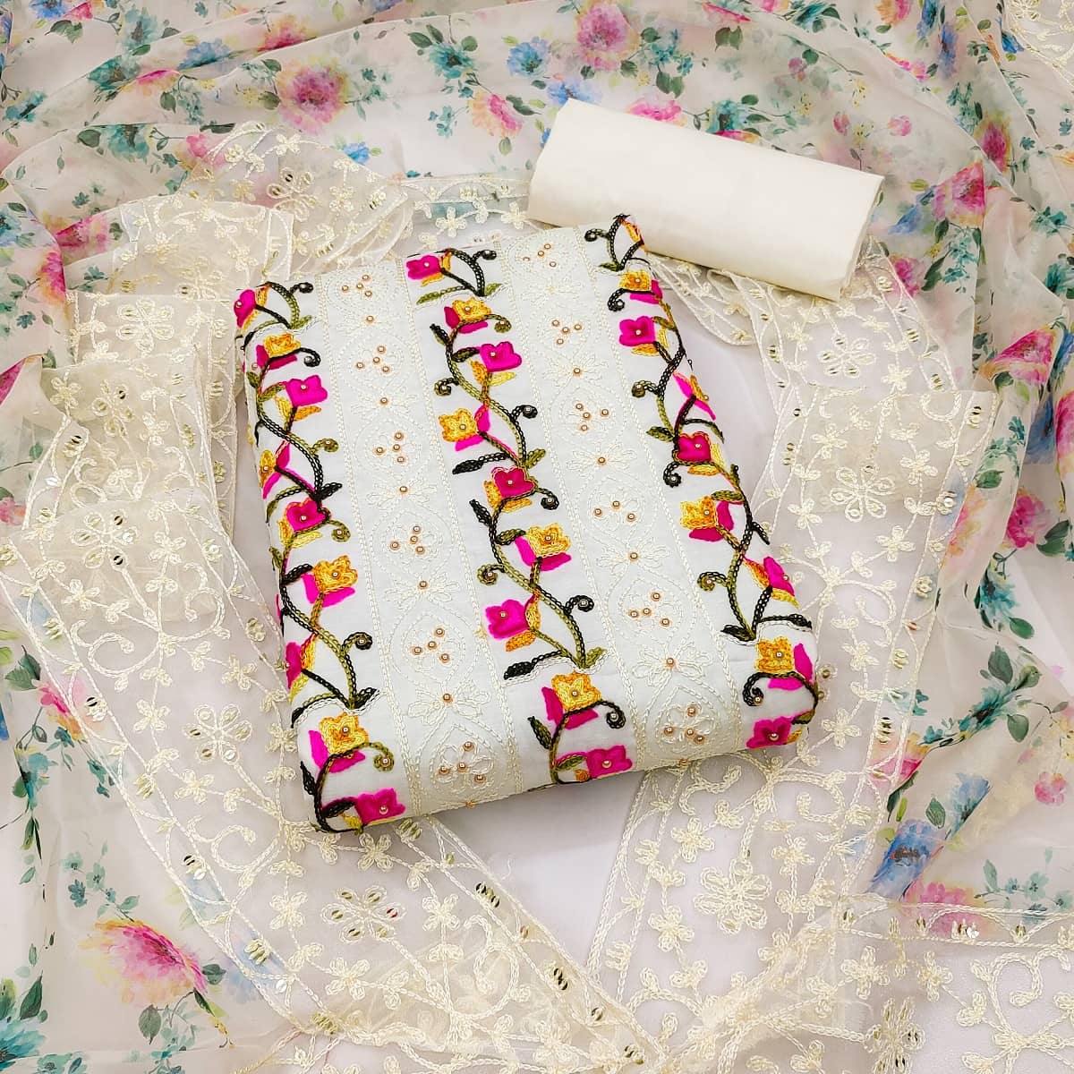 Gazal Fashions - Unstitched Off White Cotton Blend Dress Material ( Pack of 1 ) - Unstitched Fabrics | Buy online on ZillyBuy