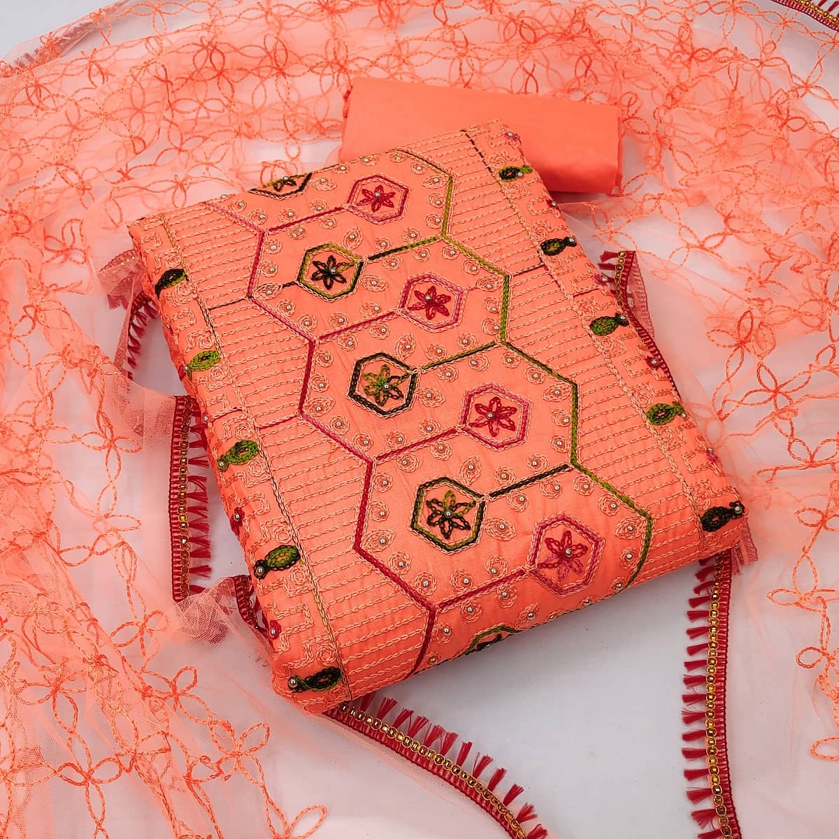 Gazal Fashions - Unstitched Orange Cotton Blend Dress Material ( Pack of 1 ) - Unstitched Fabrics | Buy online on ZillyBuy