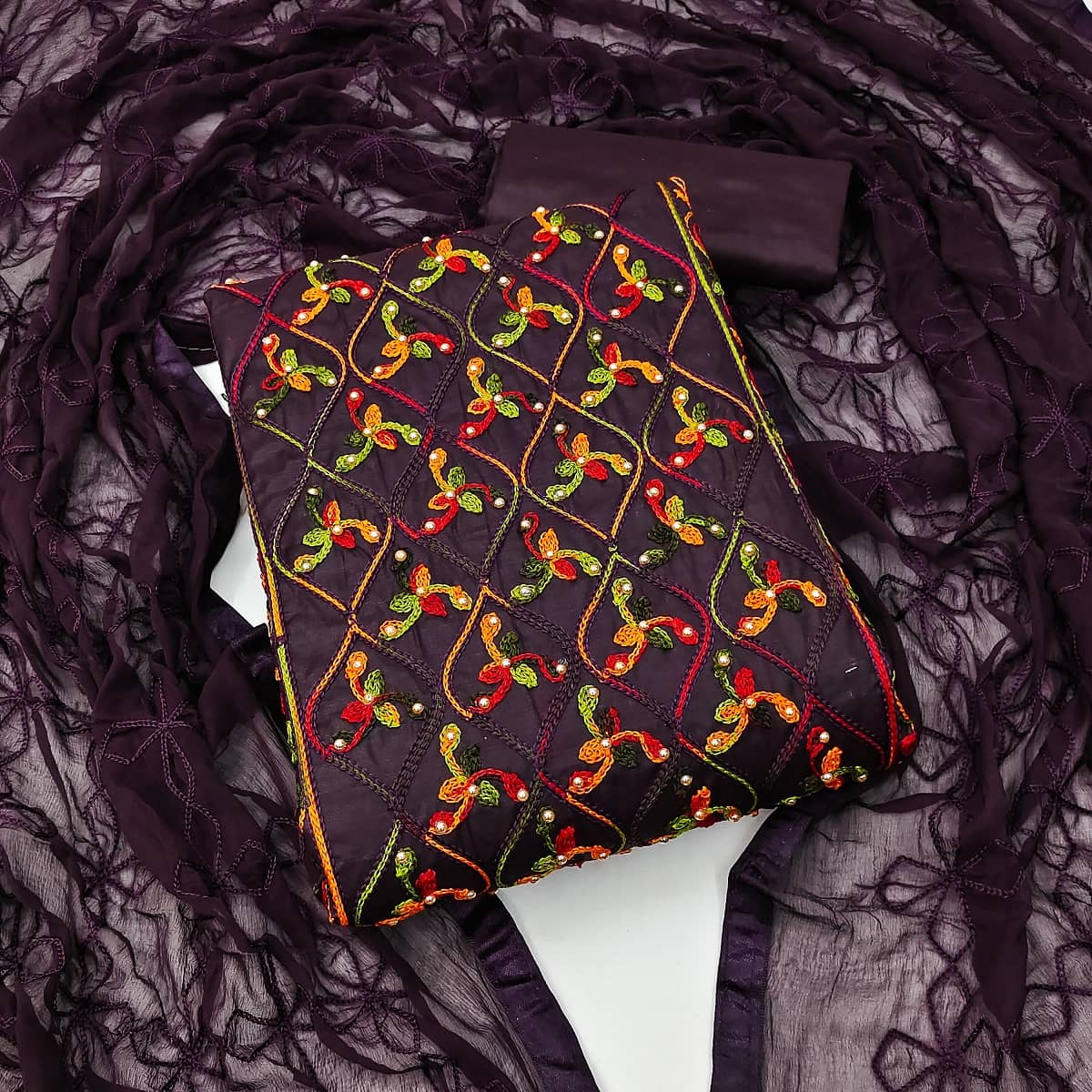 Gazal Fashions - Unstitched Wine Cotton Blend Dress Material ( Pack of 1 ) - Unstitched Fabrics | Buy online on ZillyBuy