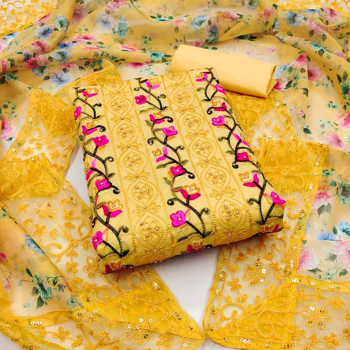 Gazal Fashions - Unstitched Yellow Cotton Blend Dress Material ( Pack of 1 ) Gazal Fashions - Unstitched Yellow Cotton Blend Dress Material ( Pack of 1 )