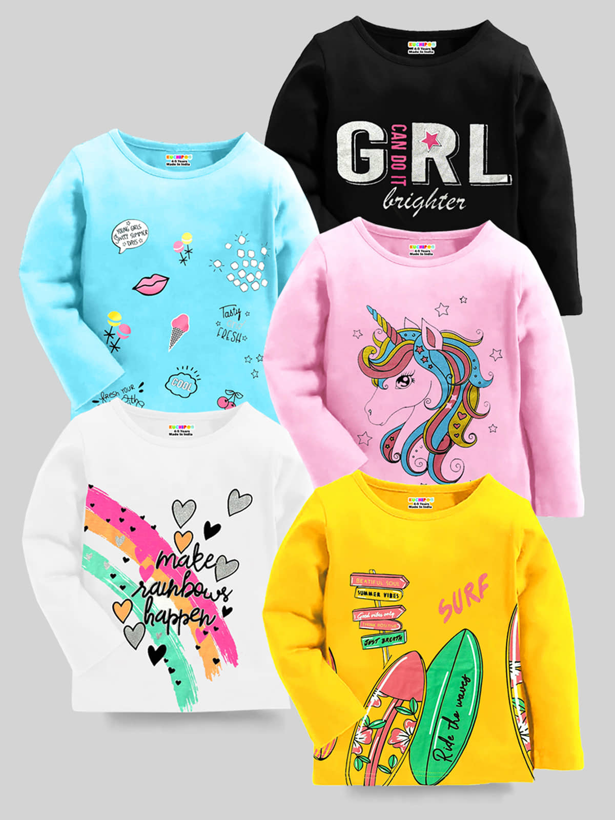 Kuchipoo Pack of 5 Girls Cotton Blend T-Shirt ( Multicolor4 )