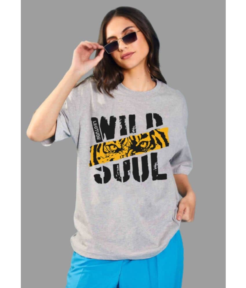 Leotude Women Cotton Blend Printed Oversized Fit Round Neck T-Shirt ( Grey )