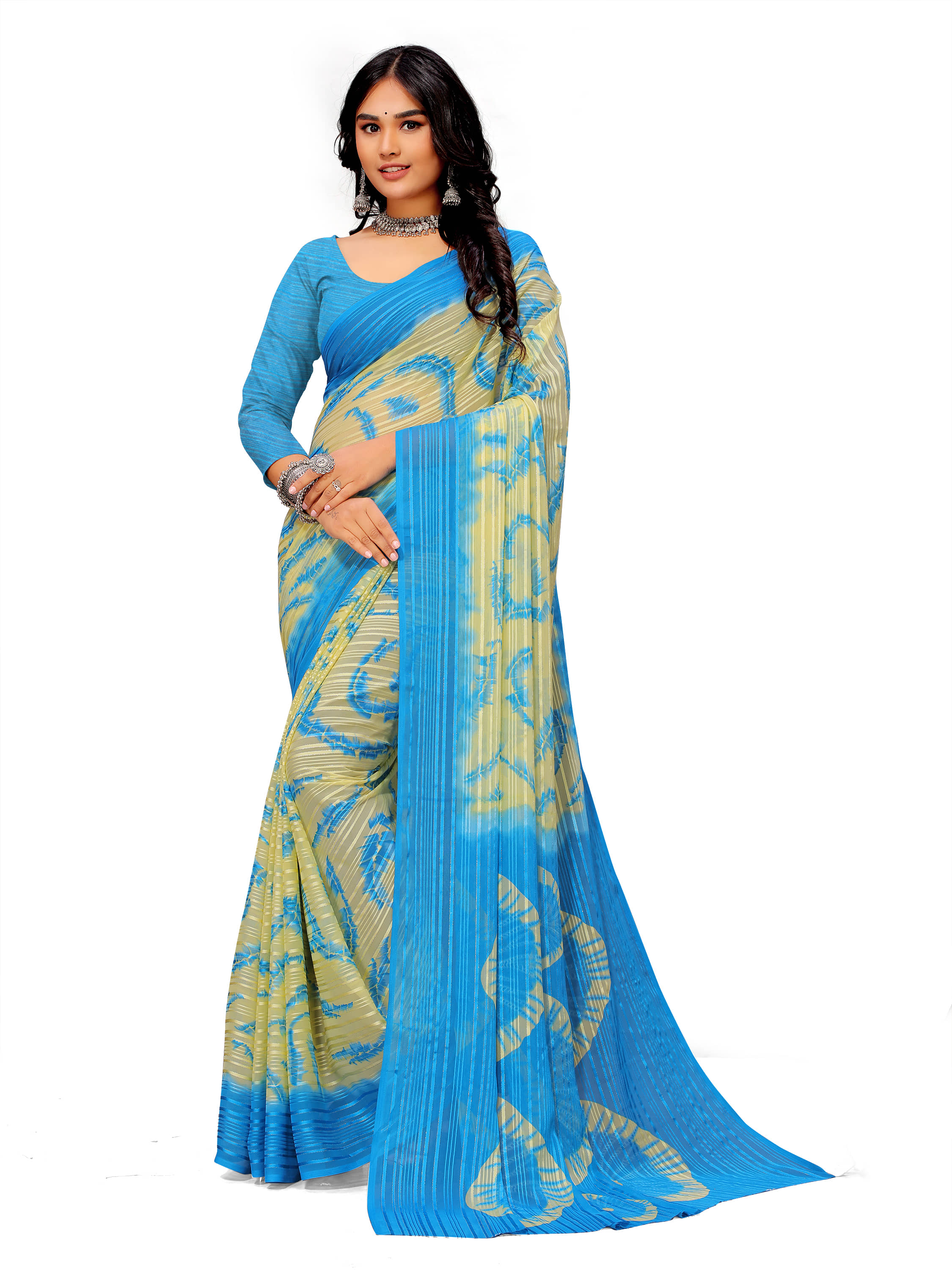 Sanjana Silk Georgette Printed Saree With Unstitched Blouse Piece ( SkyBlue ) - Sarees | Buy online on ZillyBuy