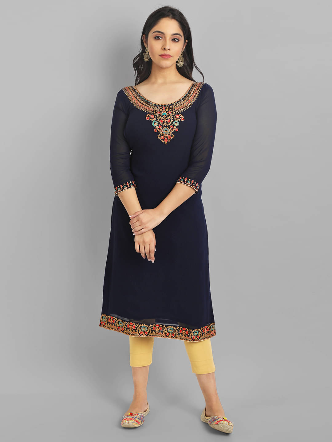 Femvy - Black Georgette Women's Straight Kurti ( Pack of 1 )     			Femvy - Black Georgette Women's Straight Kurti ( Pack of 1 )