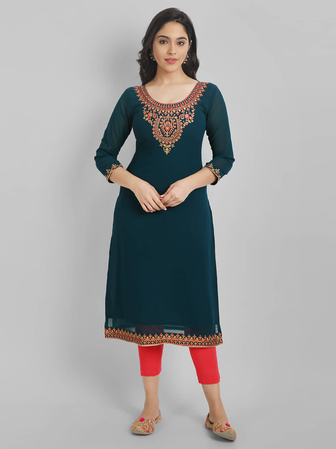 Femvy - Blue Georgette Women's Straight Kurti ( Pack of 1 ) - Kurtis, Tunics | Buy online on ZillyBuy