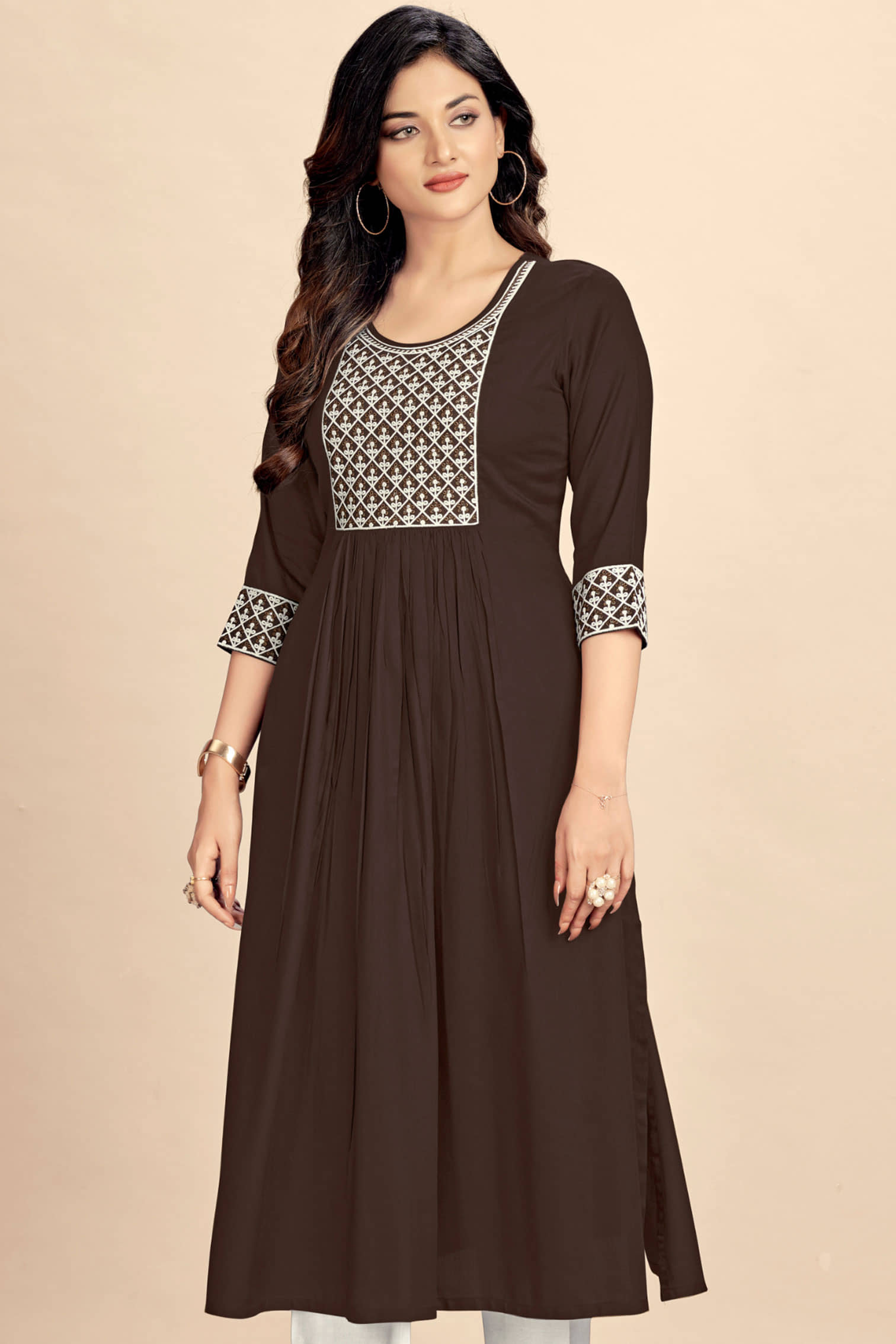 Glomee Rayon Embroidered Nayra Women's Kurti - Brown ( Pack of 1 ) - Kurtis, Tunics | Buy online on ZillyBuy