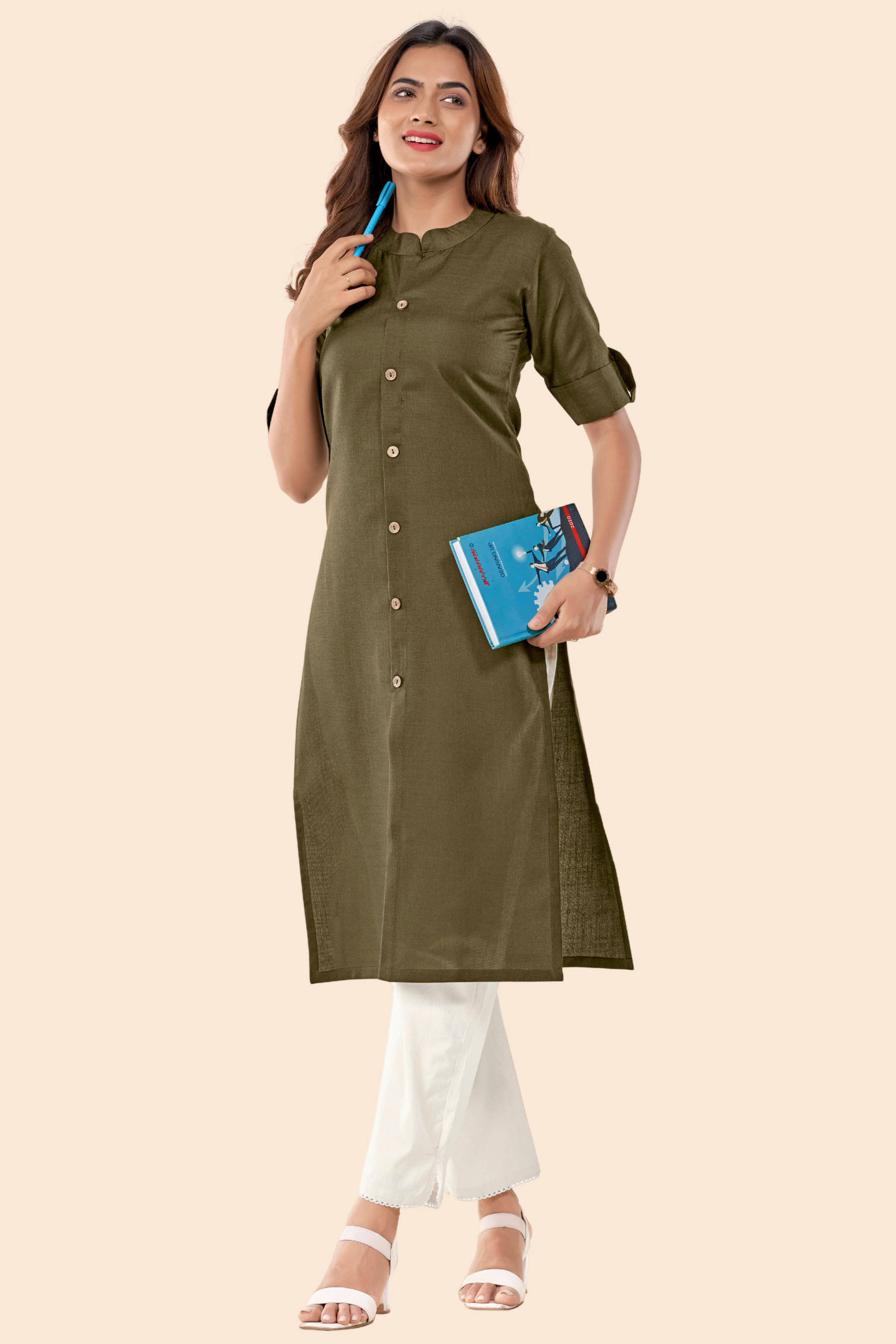Glomee - Green Cotton Women's Front Slit Kurti ( Pack of 1 )     			Glomee - Green Cotton Women's Front Slit Kurti ( Pack of 1 )