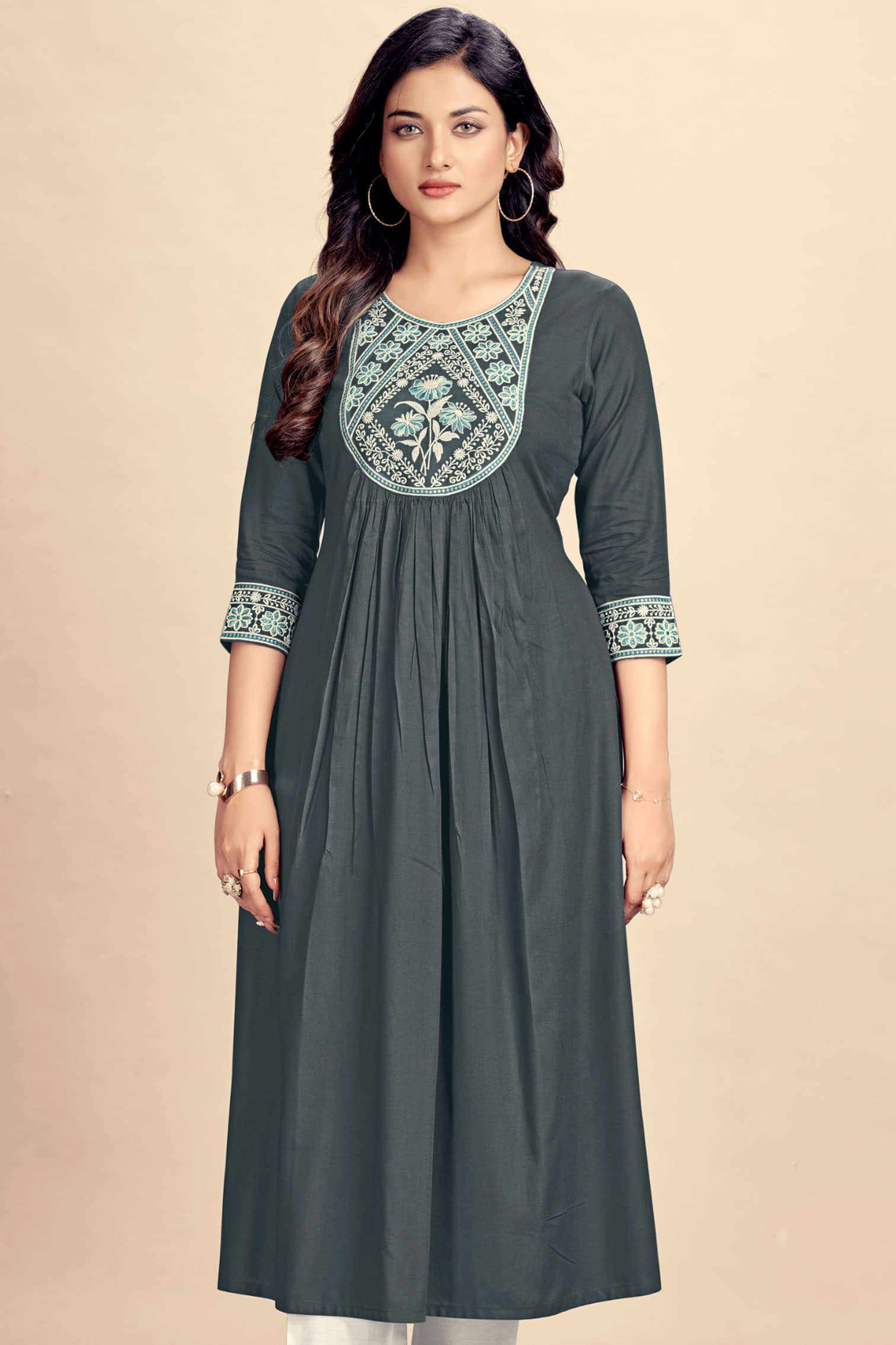 Glomee Rayon Embroidered Flared Women's Kurti - Grey ( Pack of 1 ) - Kurtis, Tunics | Buy online on ZillyBuy