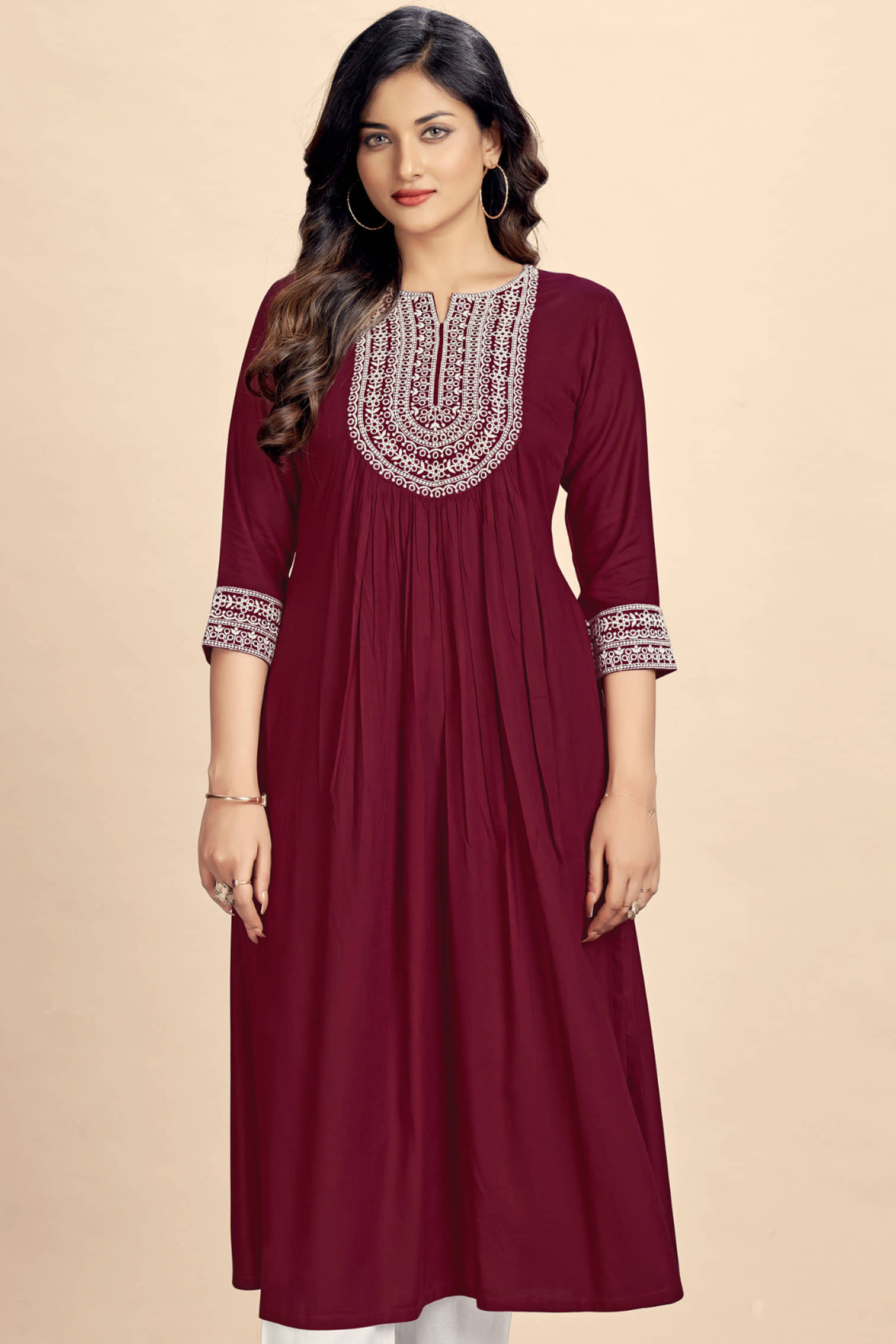 Glomee Rayon Embroidered Nayra Women's Kurti - Maroon ( Pack of 1 ) - Kurtis, Tunics | Buy online on ZillyBuy