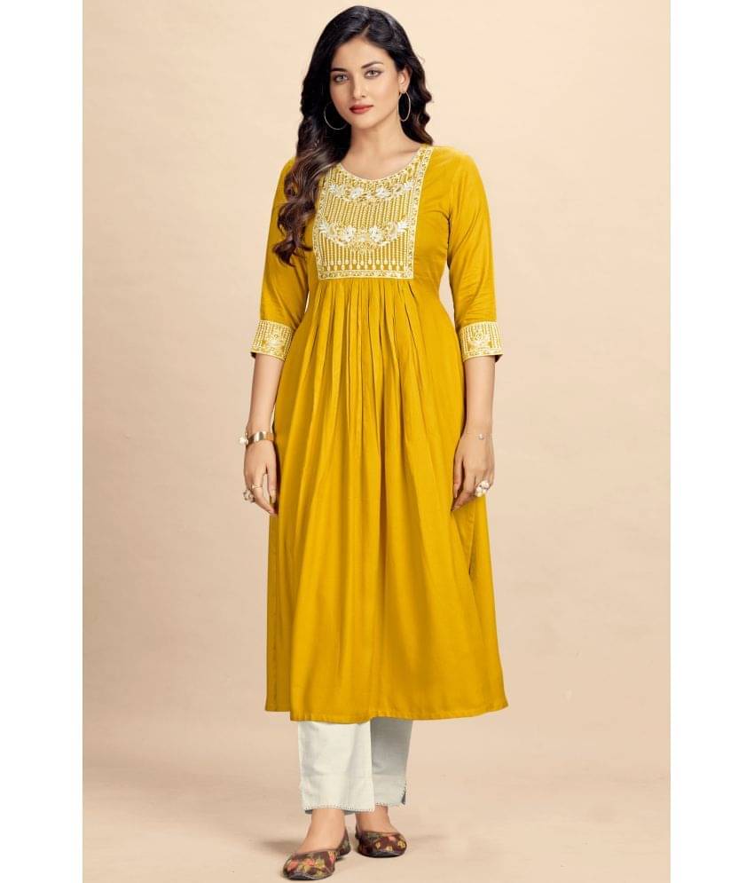Glomee - Yellow Rayon Women's Nayra Kurti ( Pack of 1 ) Glomee - Yellow Rayon Women's Nayra Kurti ( Pack of 1 )