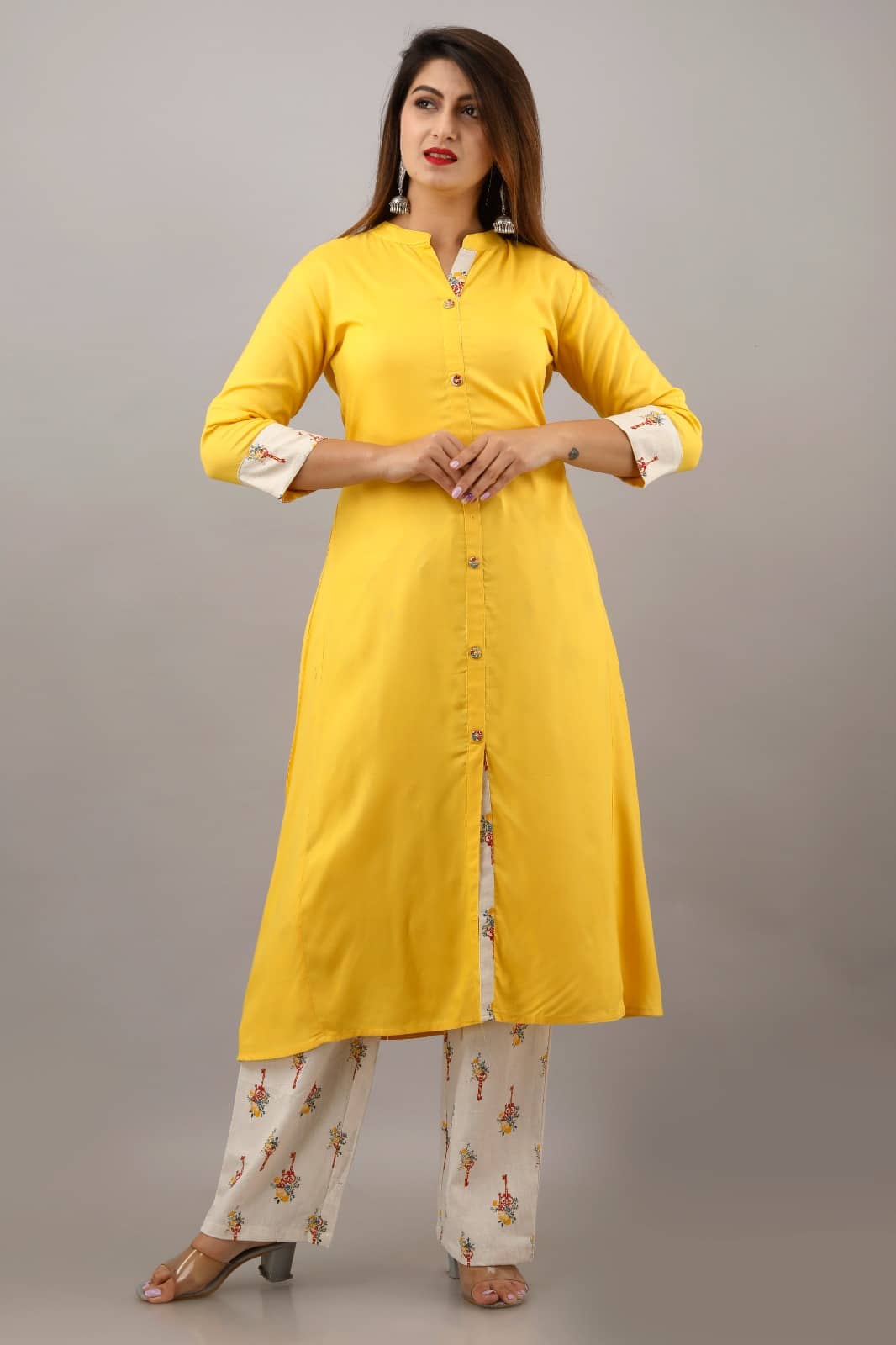 MAUKA - Yellow Front Slit Rayon Women's Stitched Salwar Suit ( Pack of 1 )