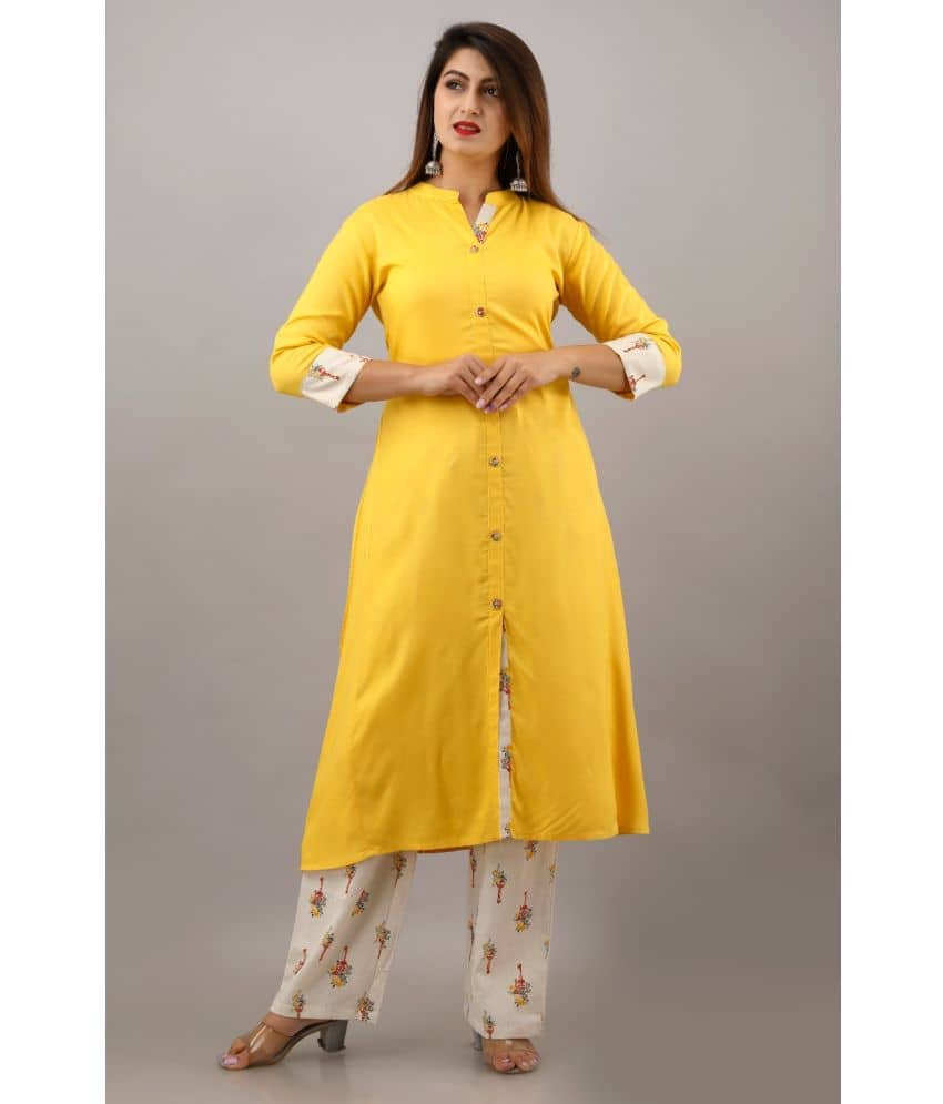 MAUKA - Yellow Front Slit Rayon Women's Stitched Salwar Suit ( Pack of 1 )
