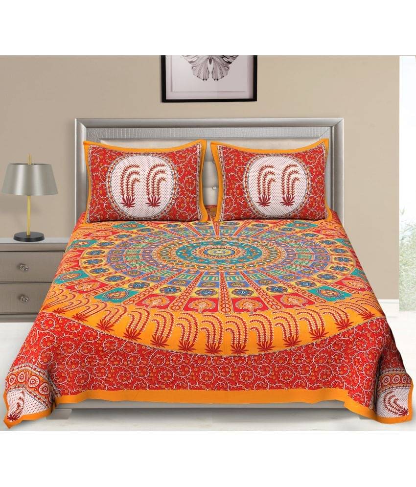     			Uniqchoice Cotton Floral Double Bedsheet with 2 Pillow Covers - Orange
