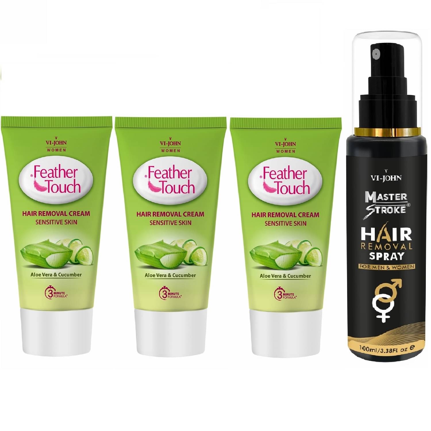 VI-JOHN Master Stroke 100ml & Feather Touch Cucumber Aloe Hair Removal Cream 40g*3 Each - Pack of 4 VI-JOHN Master Stroke 100ml & Feather Touch Cucumber Aloe Hair Removal Cream 40g*3 Each - Pack of 4