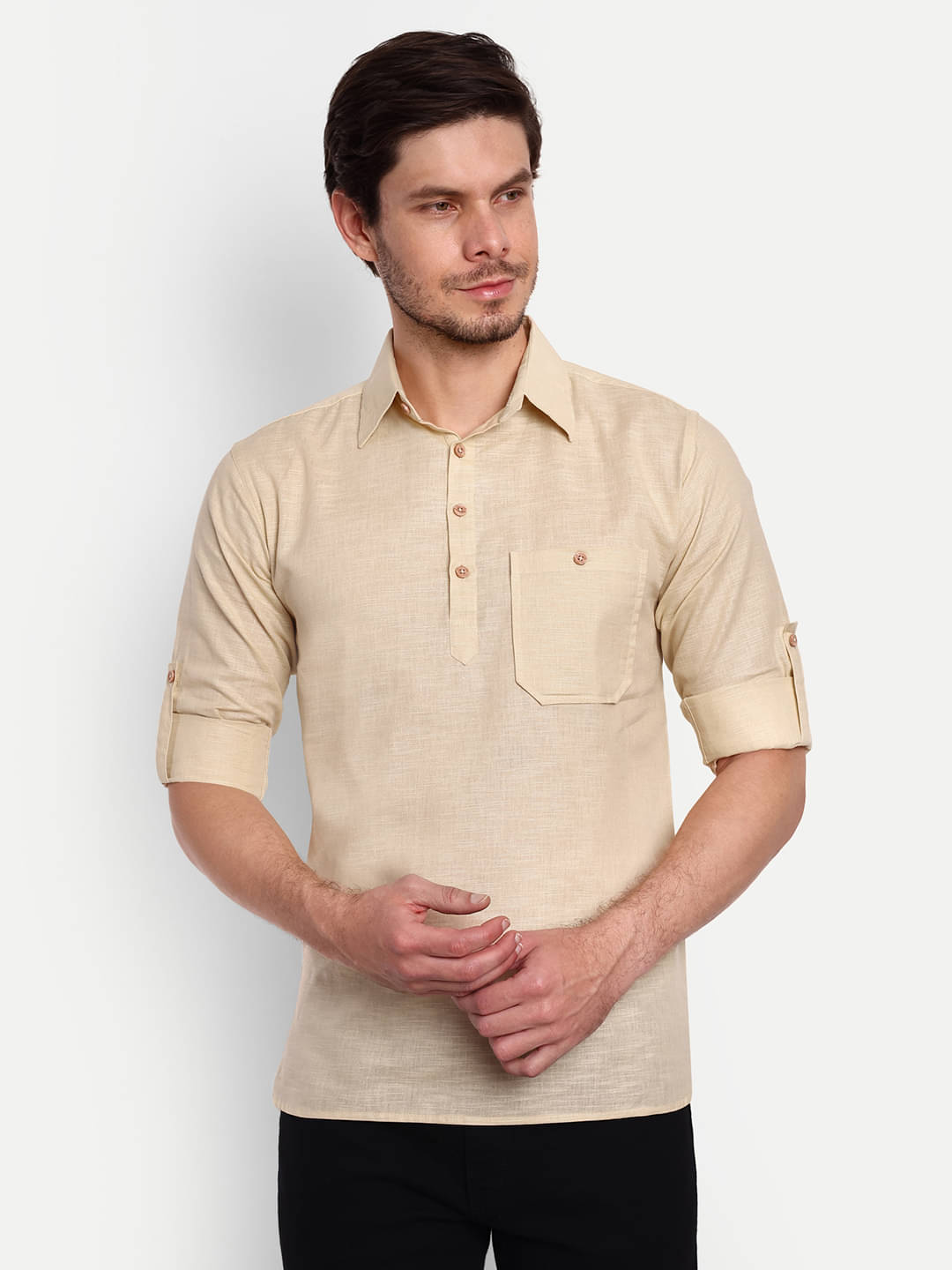 Vida Loca - Beige Cotton Blend Men's Shirt Style Kurta ( Pack of 1 ) Vida Loca - Beige Cotton Blend Men's Shirt Style Kurta ( Pack of 1 )