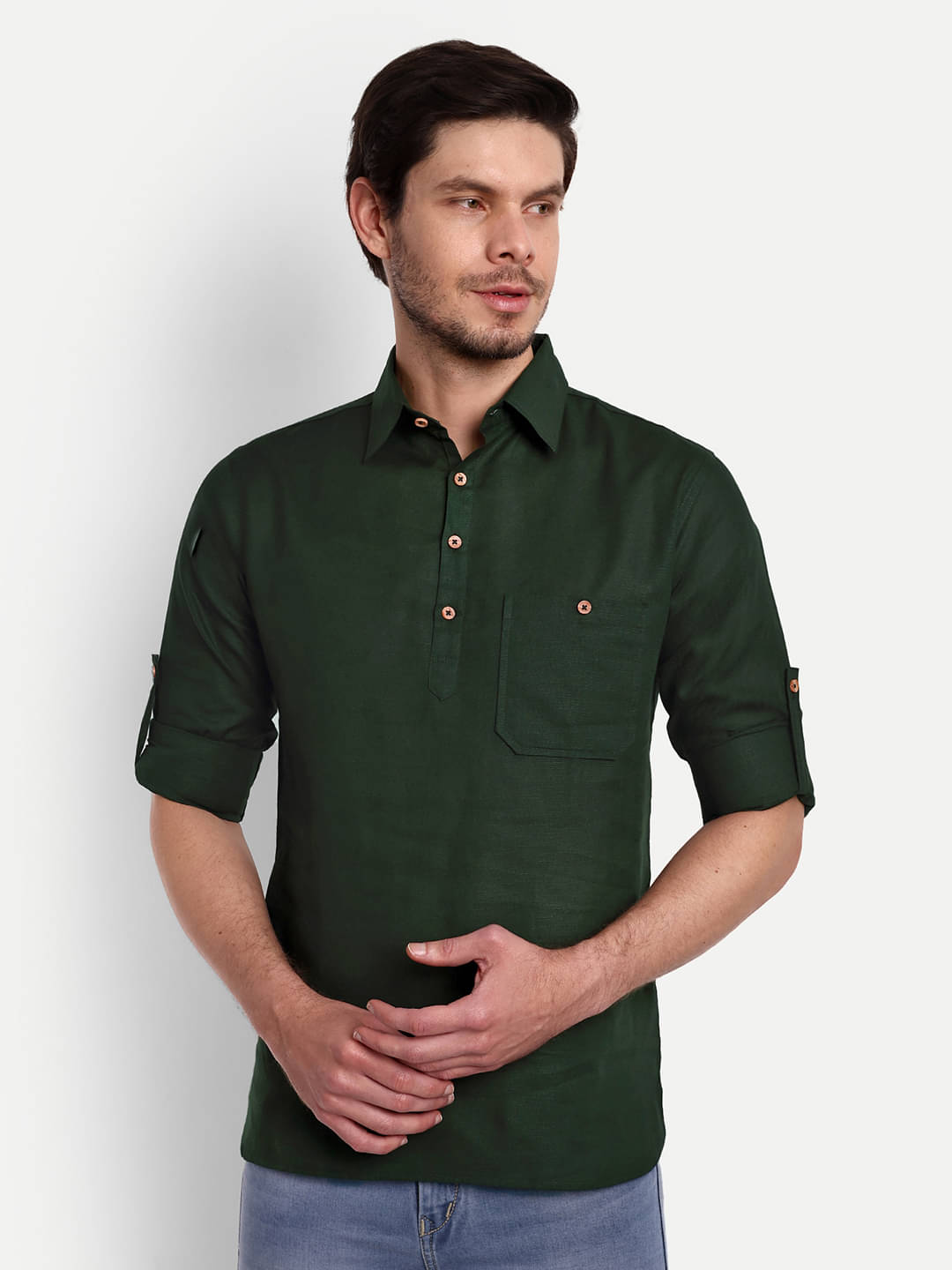 Vida Loca - Green Cotton Blend Men's Shirt Style Kurta ( Pack of 1 )     			Vida Loca - Green Cotton Blend Men's Shirt Style Kurta ( Pack of 1 )