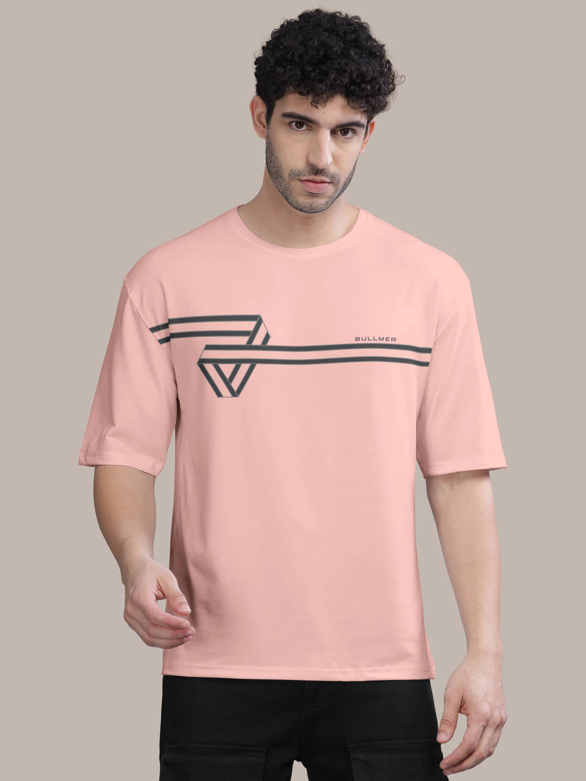 BULLMER Pack of 1 Cotton Blend Oversized Fit Men's T-Shirt ( Peach )