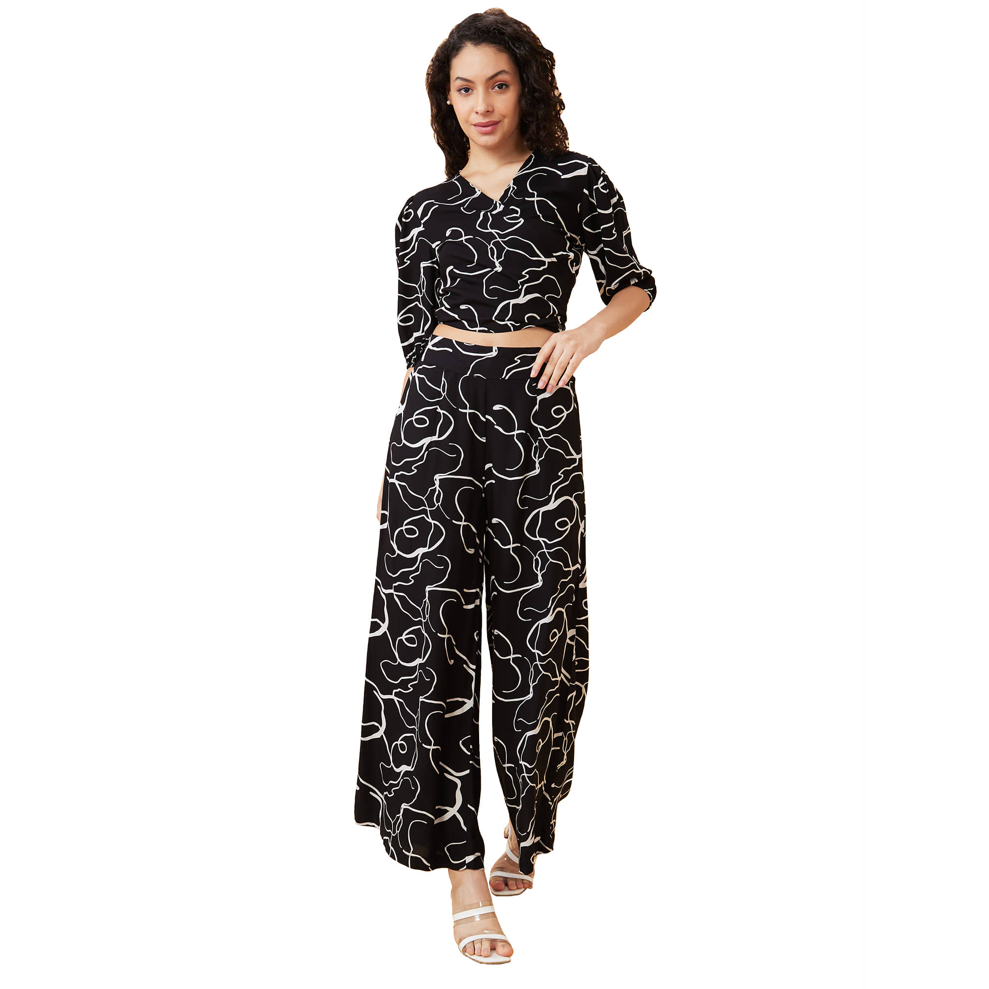 Globus Women Printed Top With Palazzos Co-Ord Set ( Black )