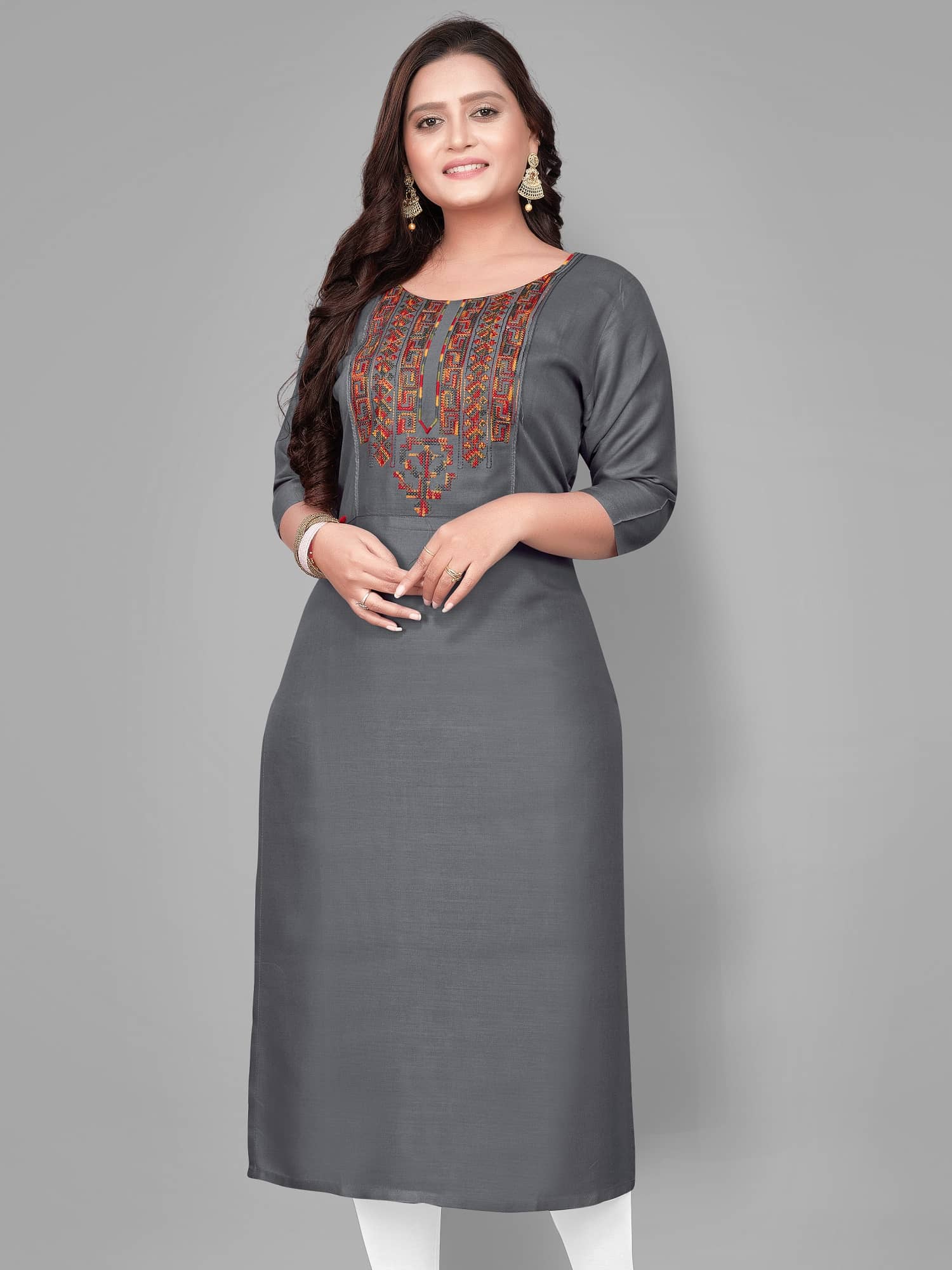 Hetsa - Grey Rayon Women's Straight Kurti ( Pack of 1 ) - Kurtis, Tunics | Buy online on ZillyBuy