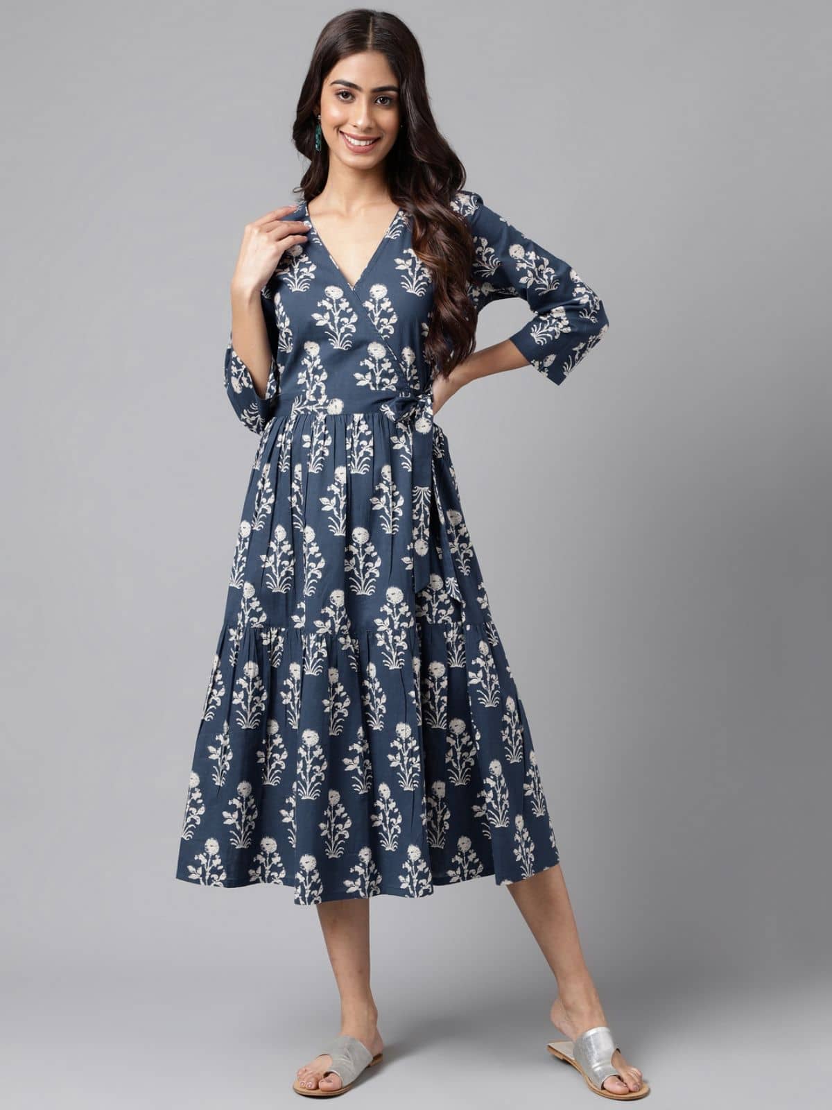 Janasya Women Cotton Printed A-line Dress ( Navy Blue )