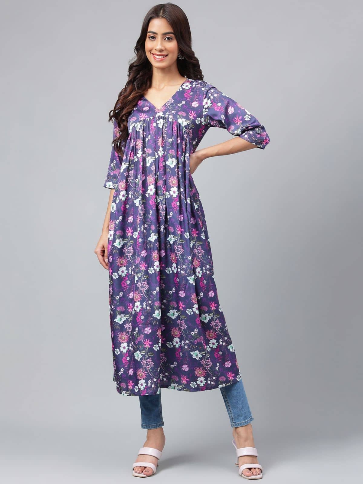 Janasya - Navy Blue Satin Women's Flared Kurti ( Pack of 1 ) - Kurtis, Tunics | Buy online on ZillyBuy