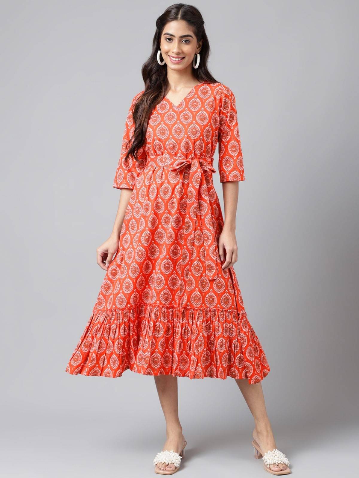 Janasya - Orange Cotton Women's Fit & Flare Dress ( Pack of 1 ) Janasya - Orange Cotton Women's Fit & Flare Dress ( Pack of 1 )