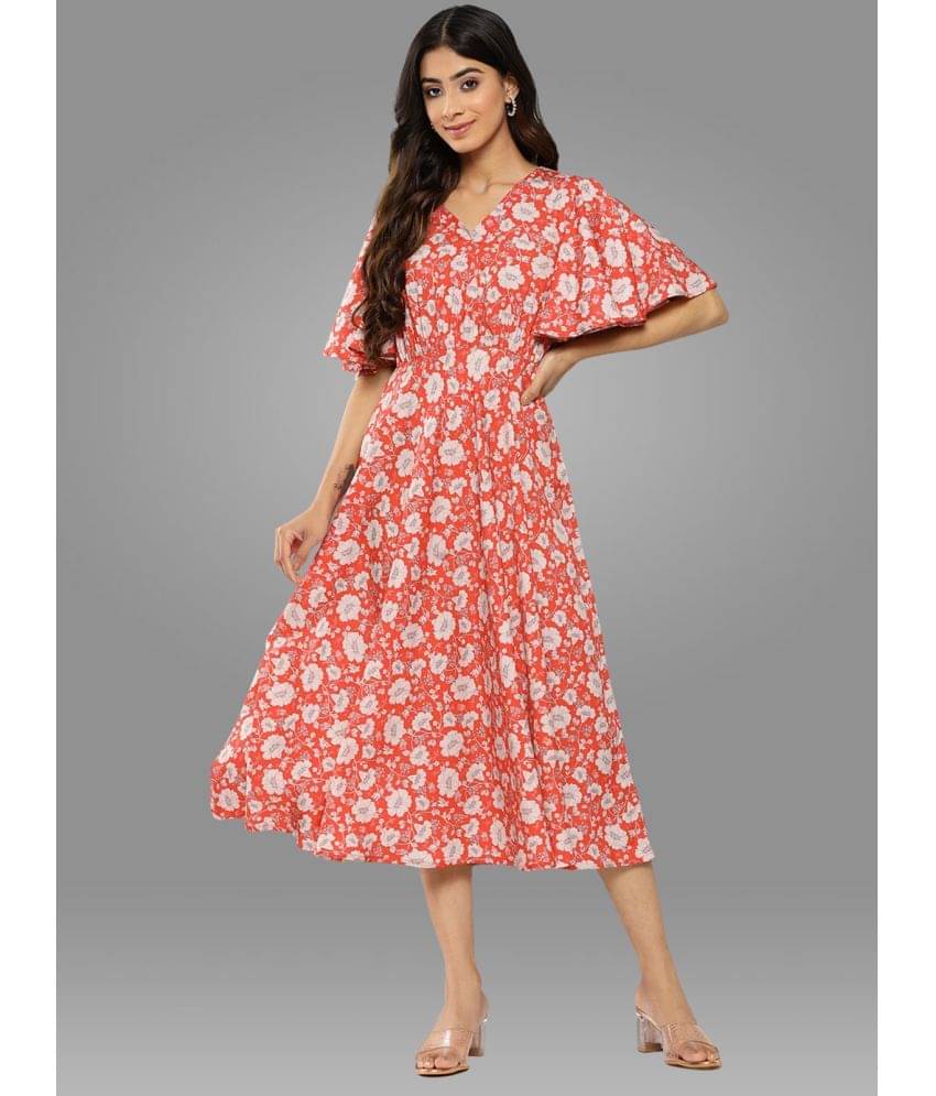     			Janasya Women Crepe Printed Fit & Flare Dress ( Orange )