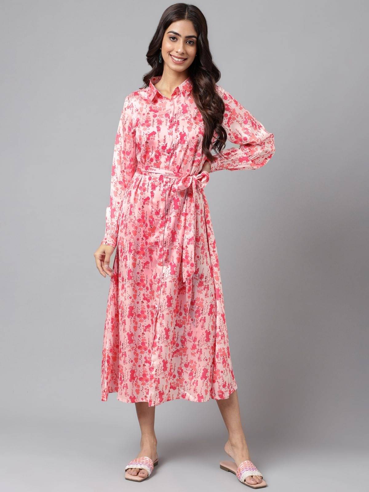 Janasya Women Satin Printed Fit & Flare Dress ( Peach )     			Janasya Women Satin Printed Fit & Flare Dress ( Peach )