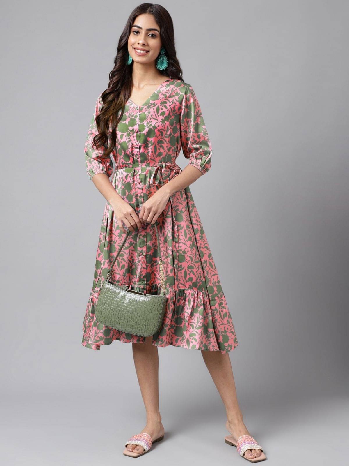 Janasya Women Satin Printed Fit & Flare Dress ( Pink ) Janasya Women Satin Printed Fit & Flare Dress ( Pink )