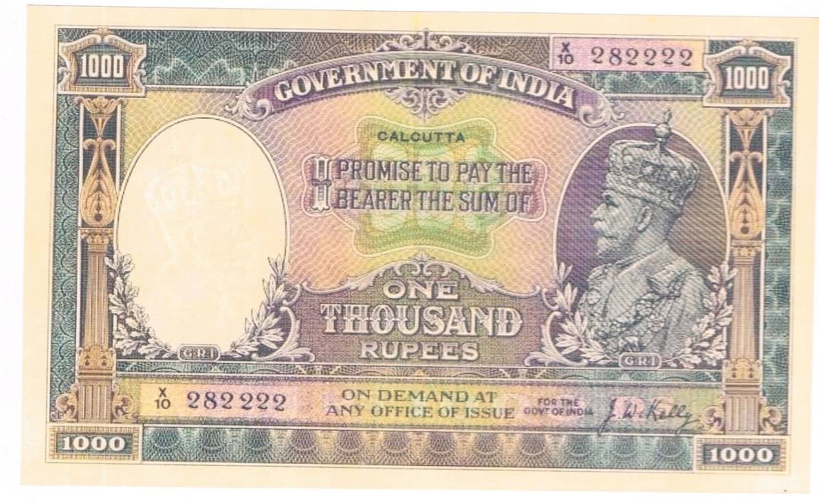     			currency bazaar - British KG V 1000 Rupees JW Kelly Fancy 1 Paper currency & Bank notes