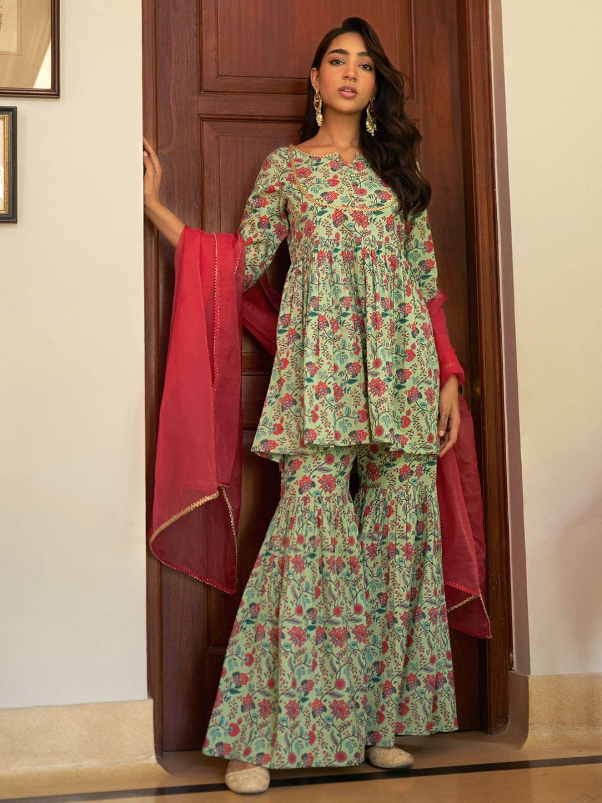     			Janasya - Green Tiered Flared Cotton Women's Stitched Salwar Suit ( Pack of 1 )