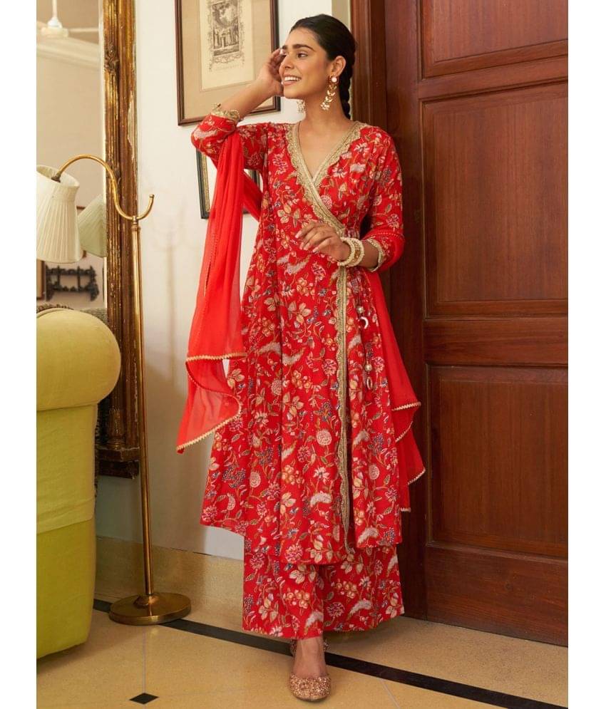 Janasya - Red Angrakha Cotton Women's Stitched Salwar Suit ( Pack of 1 )     			Janasya - Red Angrakha Cotton Women's Stitched Salwar Suit ( Pack of 1 )