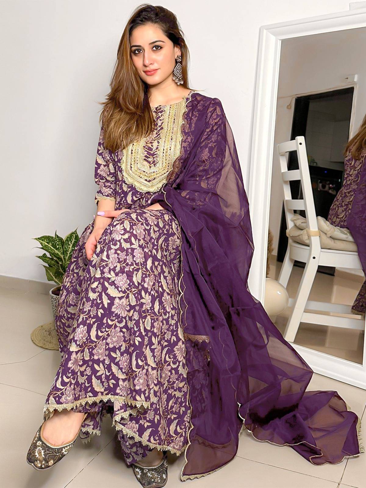     			Janasya - Violet Anarkali Cotton Women's Stitched Salwar Suit ( Pack of 1 )