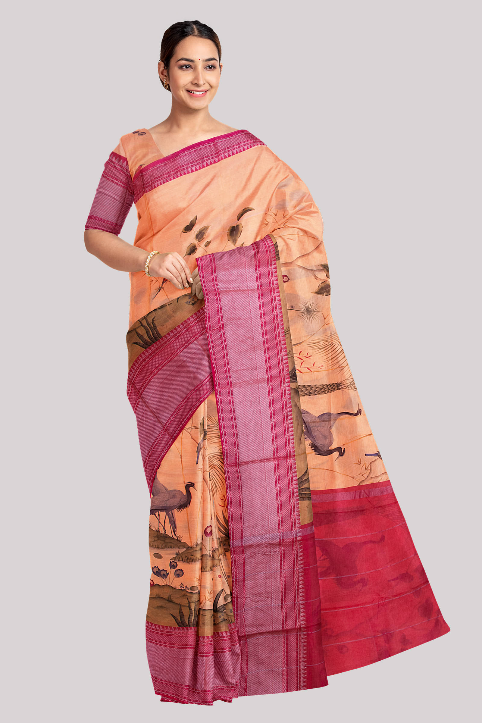     			KSR HANDLOOMS PVT LTD Cotton Silk Printed Saree With Unstitched Blouse Piece ( Orange )