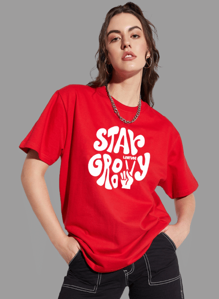 Leotude Women Cotton Blend Printed Oversized Fit Round Neck T-Shirt ( Red )