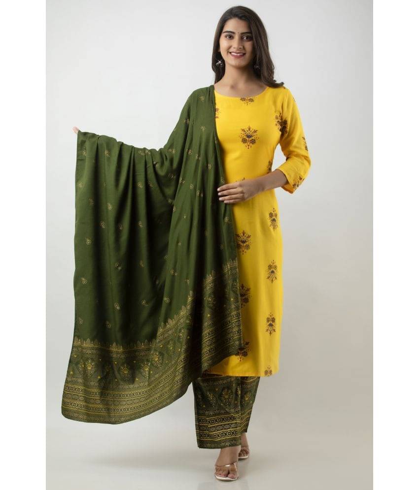 MAUKA - Yellow Straight Rayon Women's Stitched Salwar Suit ( Pack of 1 )     			MAUKA - Yellow Straight Rayon Women's Stitched Salwar Suit ( Pack of 1 )