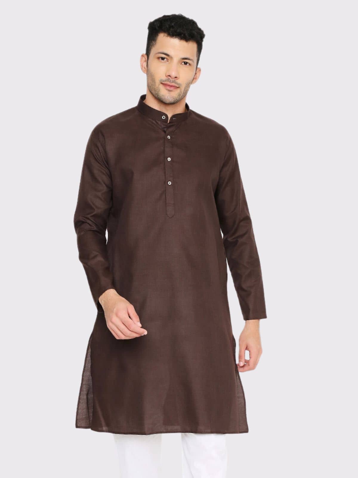 Maharaja Cotton Blend Plain Mandarin Collar Regular Kurta For Men ( Brown ) - Kurtas & Kurta Sets | Buy online on ZillyBuy