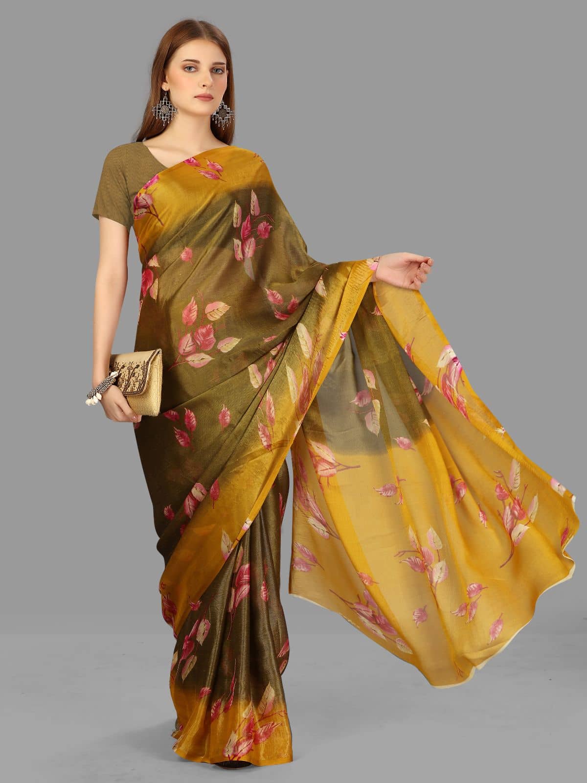 Sanwariya Silks Brasso Printed Saree With Unstitched Blouse Piece ( Yellow ) - Sarees | Buy online on ZillyBuy