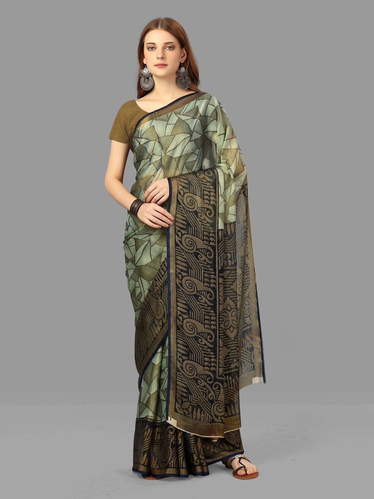 Sitanjali Lifestyle Brasso Printed Saree With Unstitched Blouse Piece ( Green ) Sitanjali Lifestyle Brasso Printed Saree With Unstitched Blouse Piece ( Green )