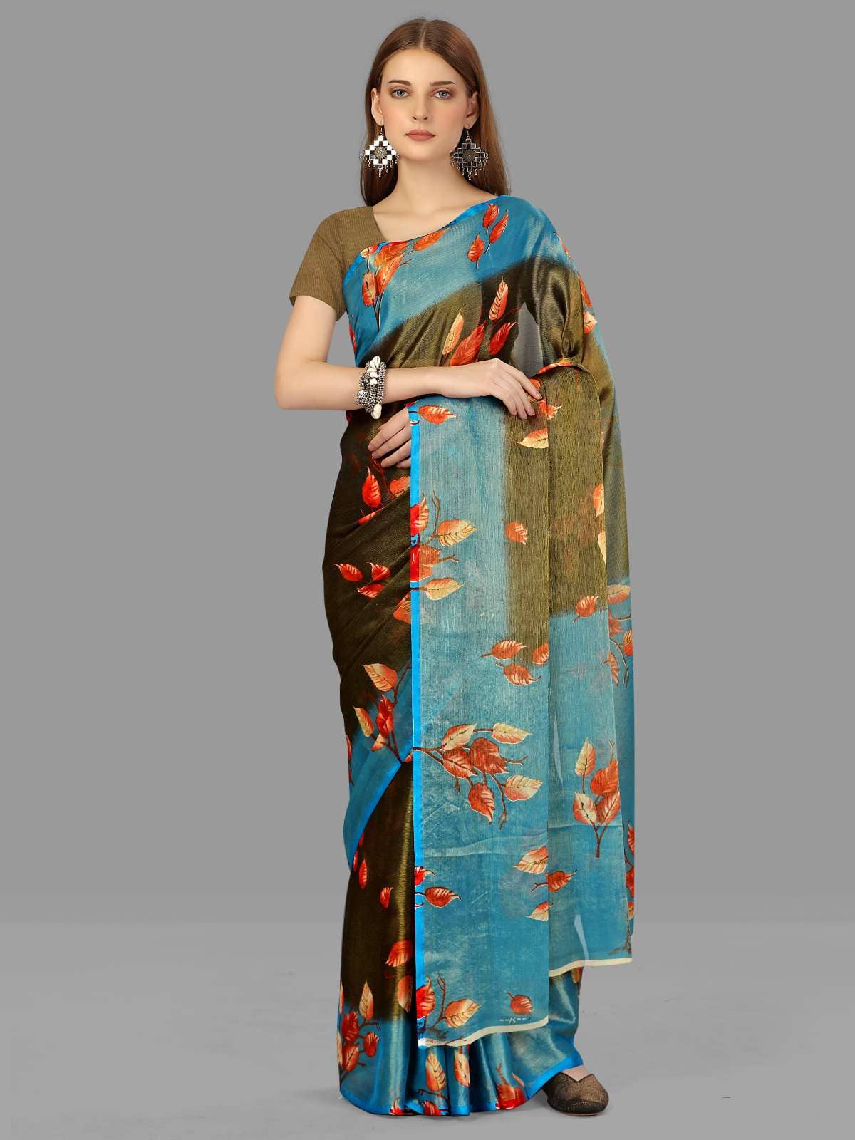 Sitanjali Brasso Printed Saree With Unstitched Blouse Piece ( Light Blue ) - Sarees | Buy online on ZillyBuy