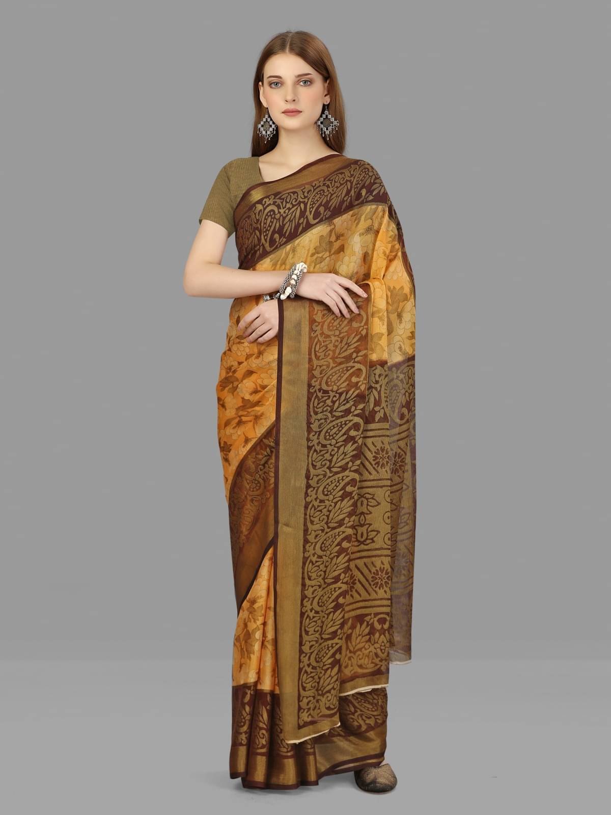 Sitanjali Brasso Printed Saree With Unstitched Blouse Piece ( Orange ) Sitanjali Brasso Printed Saree With Unstitched Blouse Piece ( Orange )