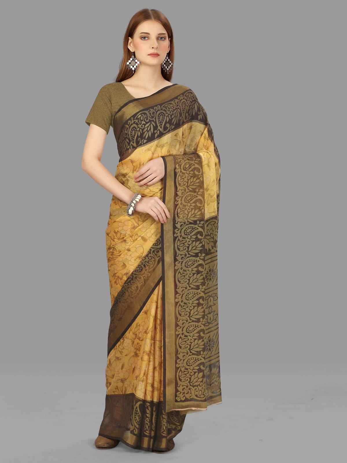 Sitanjali Brasso Printed Saree With Unstitched Blouse Piece ( Yellow ) Sitanjali Brasso Printed Saree With Unstitched Blouse Piece ( Yellow )